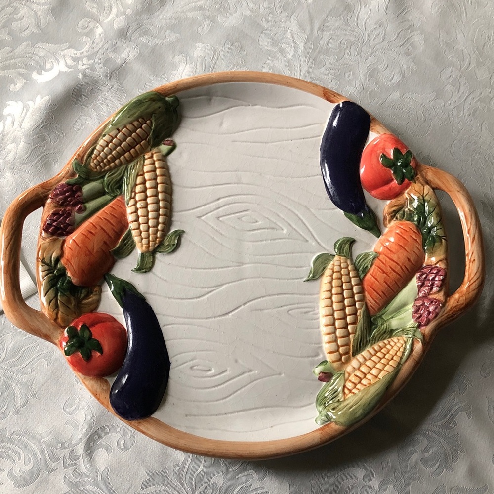 Decorative Vegetable Ceramic Serving Platter - Orange, Green, Cream